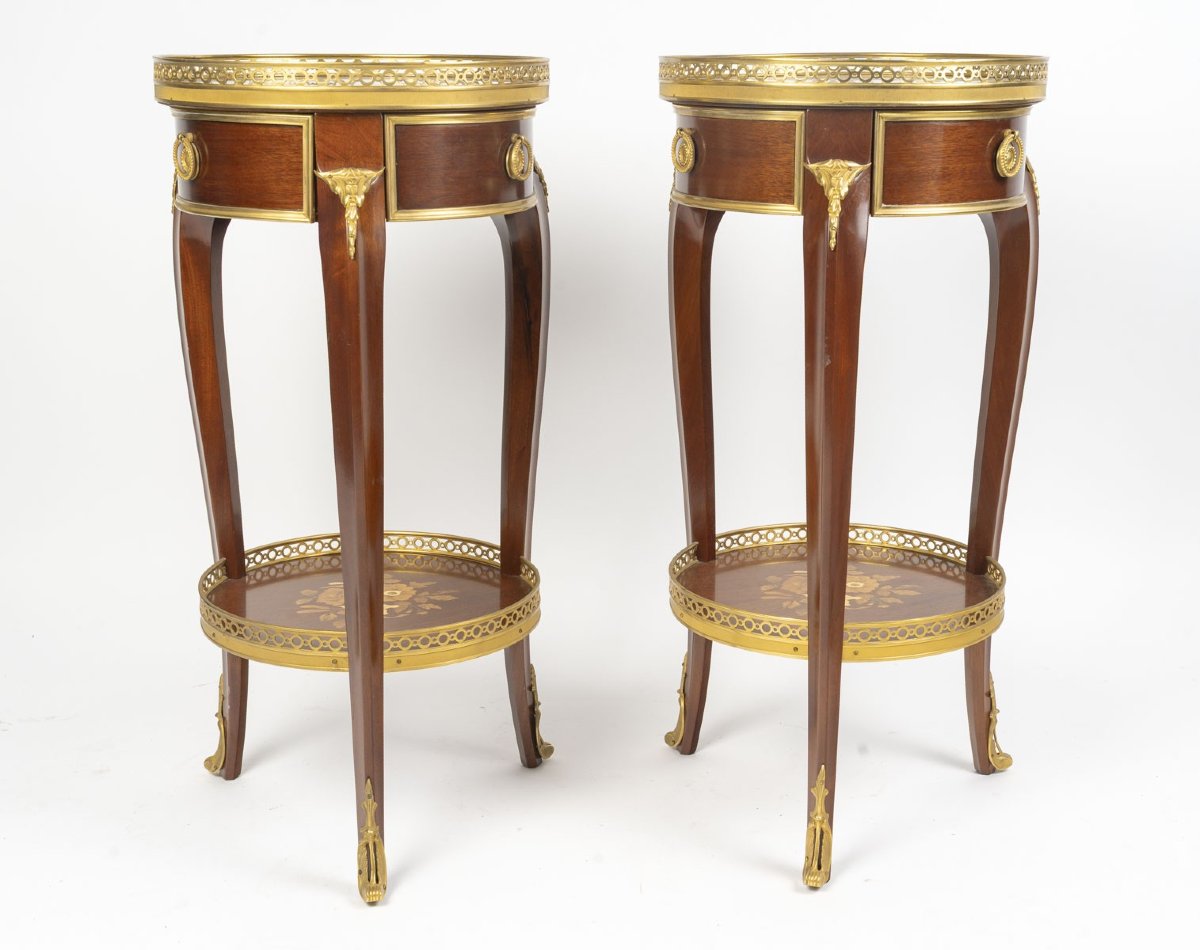 Mahogany And Gilded Bronze Side Tables With Marble Tops—louis XV Style, From The First Half Of The 20th Century.-photo-1