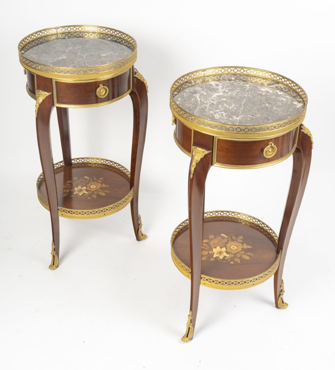 Mahogany And Gilded Bronze Side Tables With Marble Tops—louis XV Style, From The First Half Of The 20th Century.