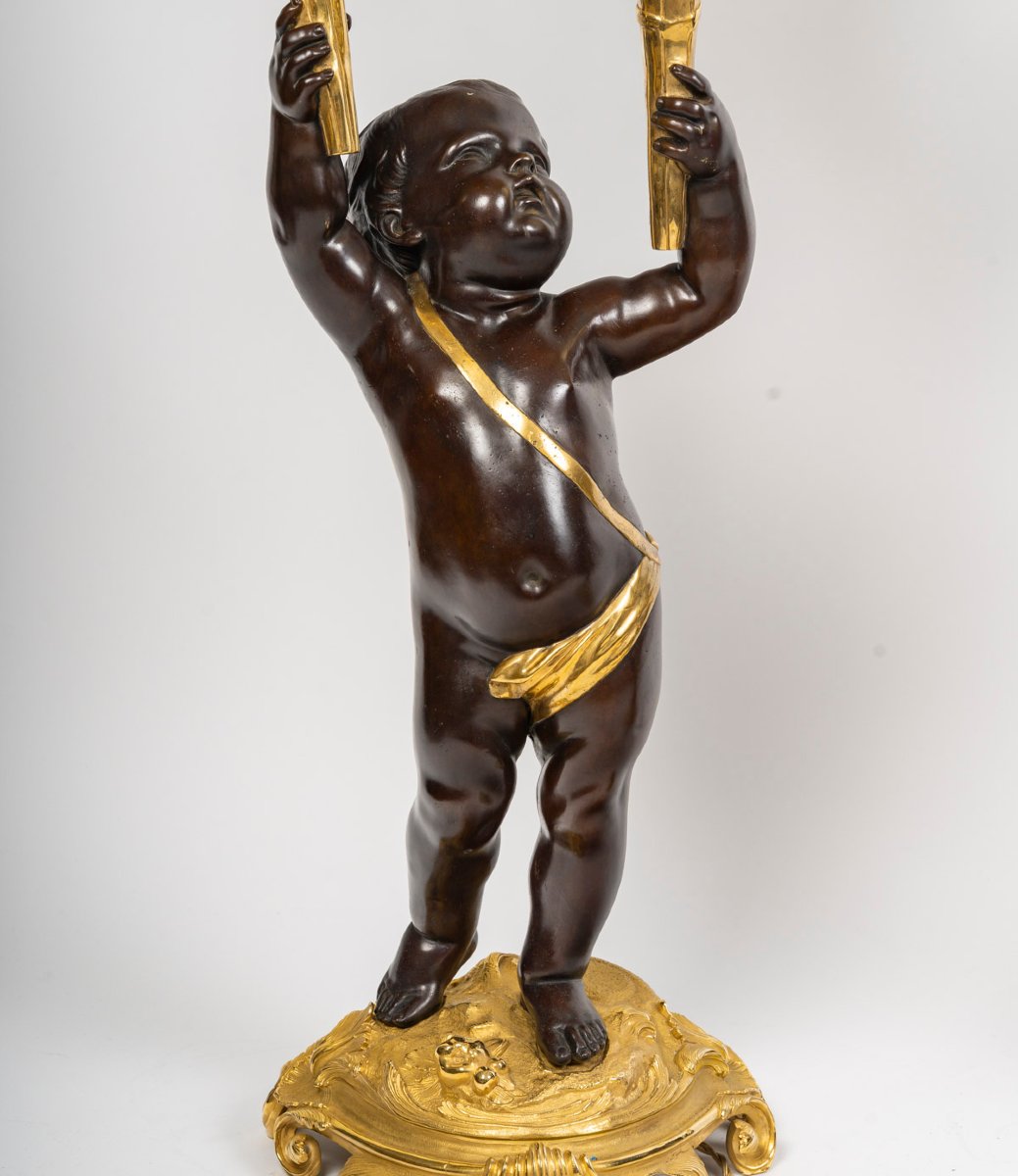 Candelabra, A Pair Of Large Napoleon III Candelabra In Patinated Bronze And Gilded Bronze—19th Century-photo-2