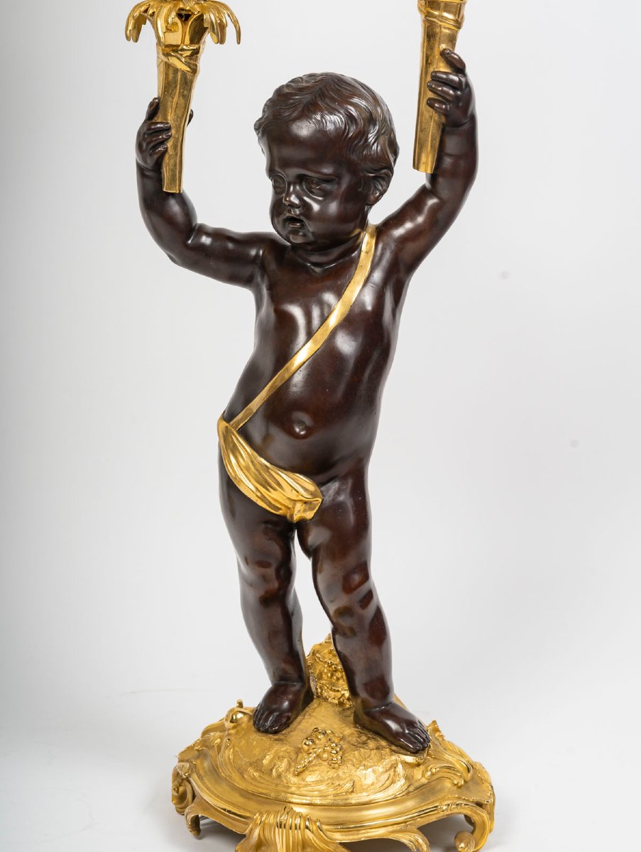 Candelabra, A Pair Of Large Napoleon III Candelabra In Patinated Bronze And Gilded Bronze—19th Century-photo-4