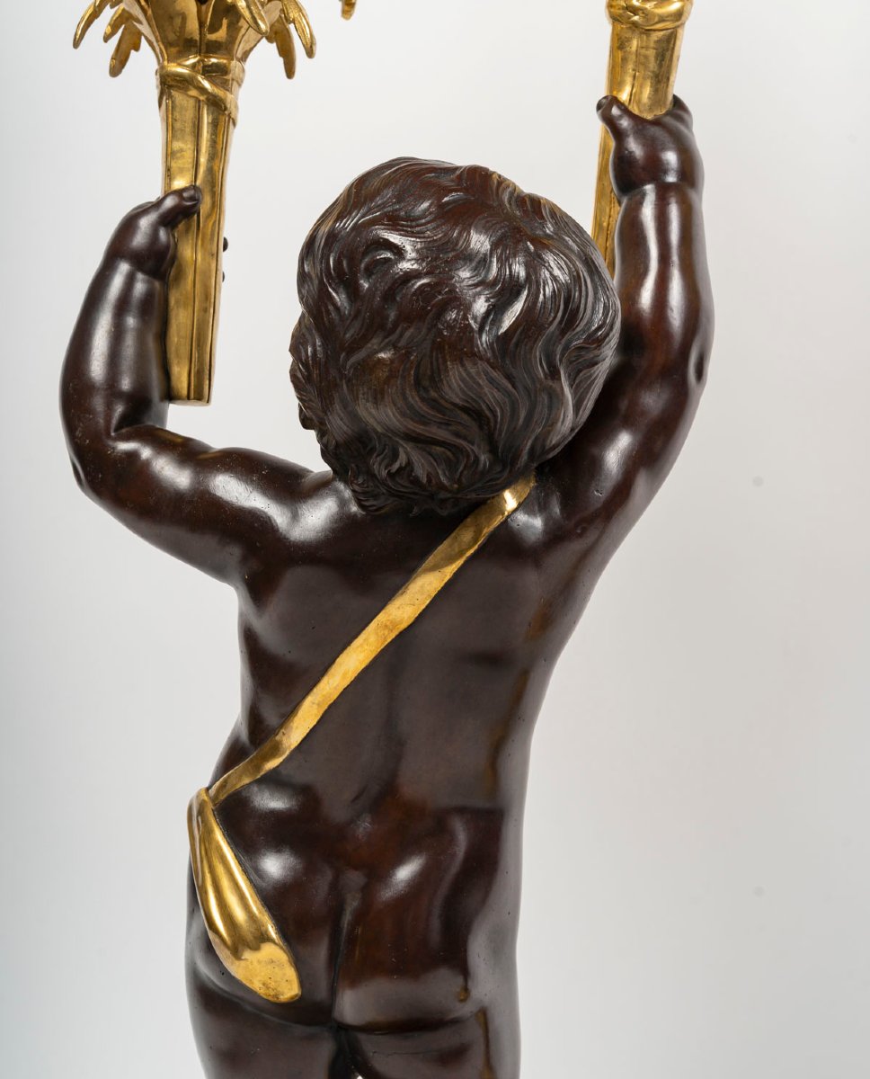 Candelabra, A Pair Of Large Napoleon III Candelabra In Patinated Bronze And Gilded Bronze—19th Century-photo-6