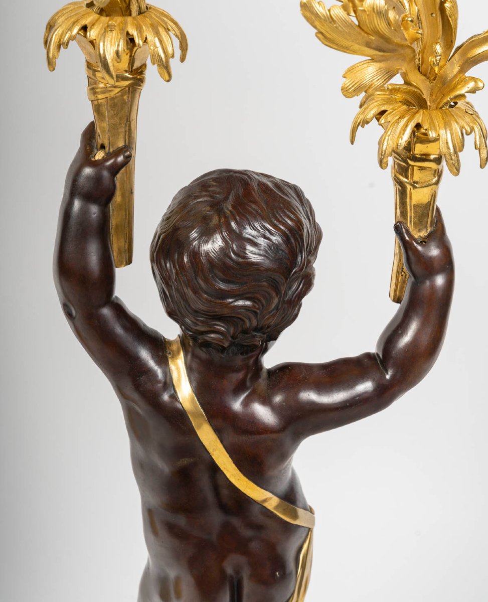Candelabra, A Pair Of Large Napoleon III Candelabra In Patinated Bronze And Gilded Bronze—19th Century-photo-7
