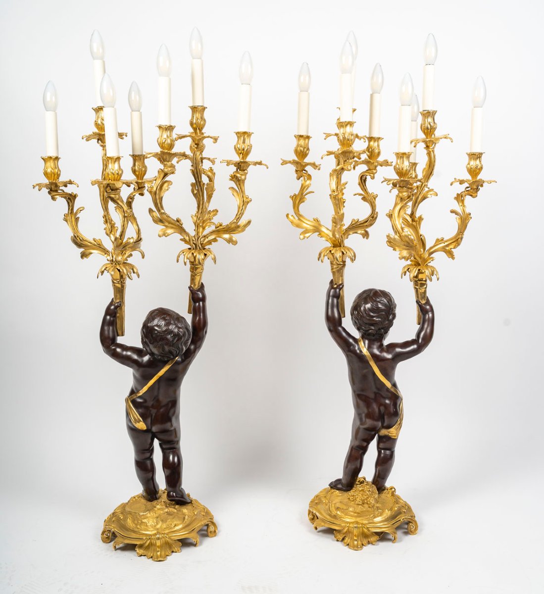 Candelabra, A Pair Of Large Napoleon III Candelabra In Patinated Bronze And Gilded Bronze—19th Century-photo-8