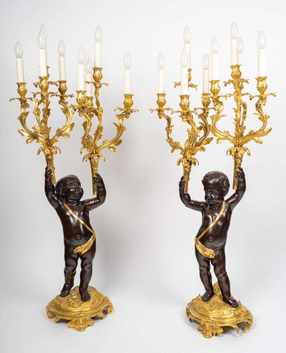 Candelabra, A Pair Of Large Napoleon III Candelabra In Patinated Bronze And Gilded Bronze—19th Century