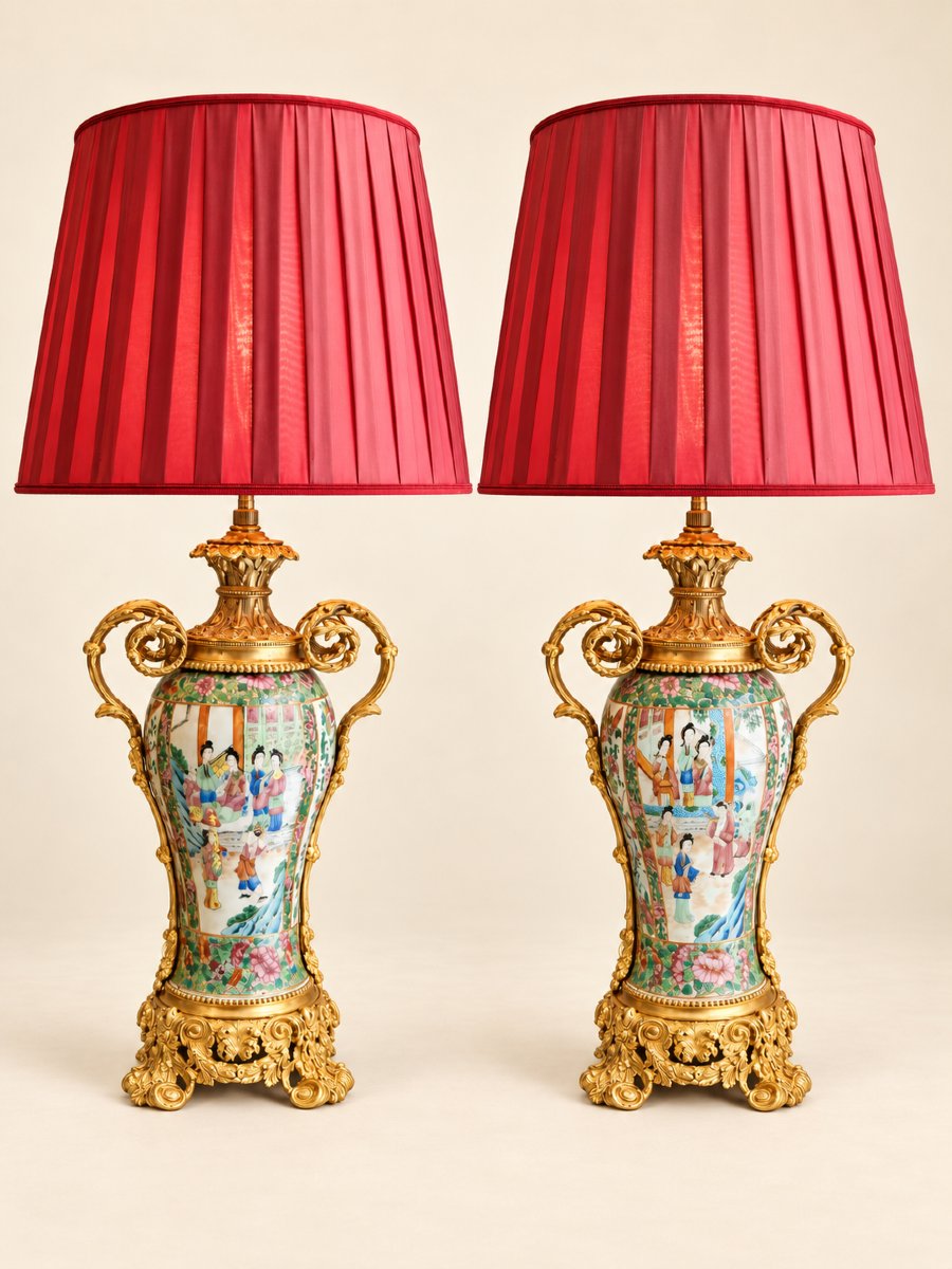 Pair Of Canton Porcelain And Gilded Bronze Lamps – 19th Century