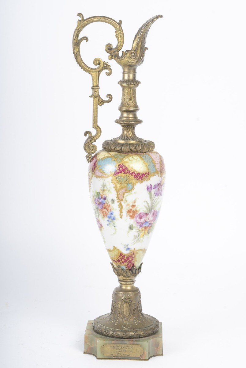 Decorative Porcelain And Bronze Ewer, Late 19th Century, With A Plaque Reading “prix Bertin 1898”
