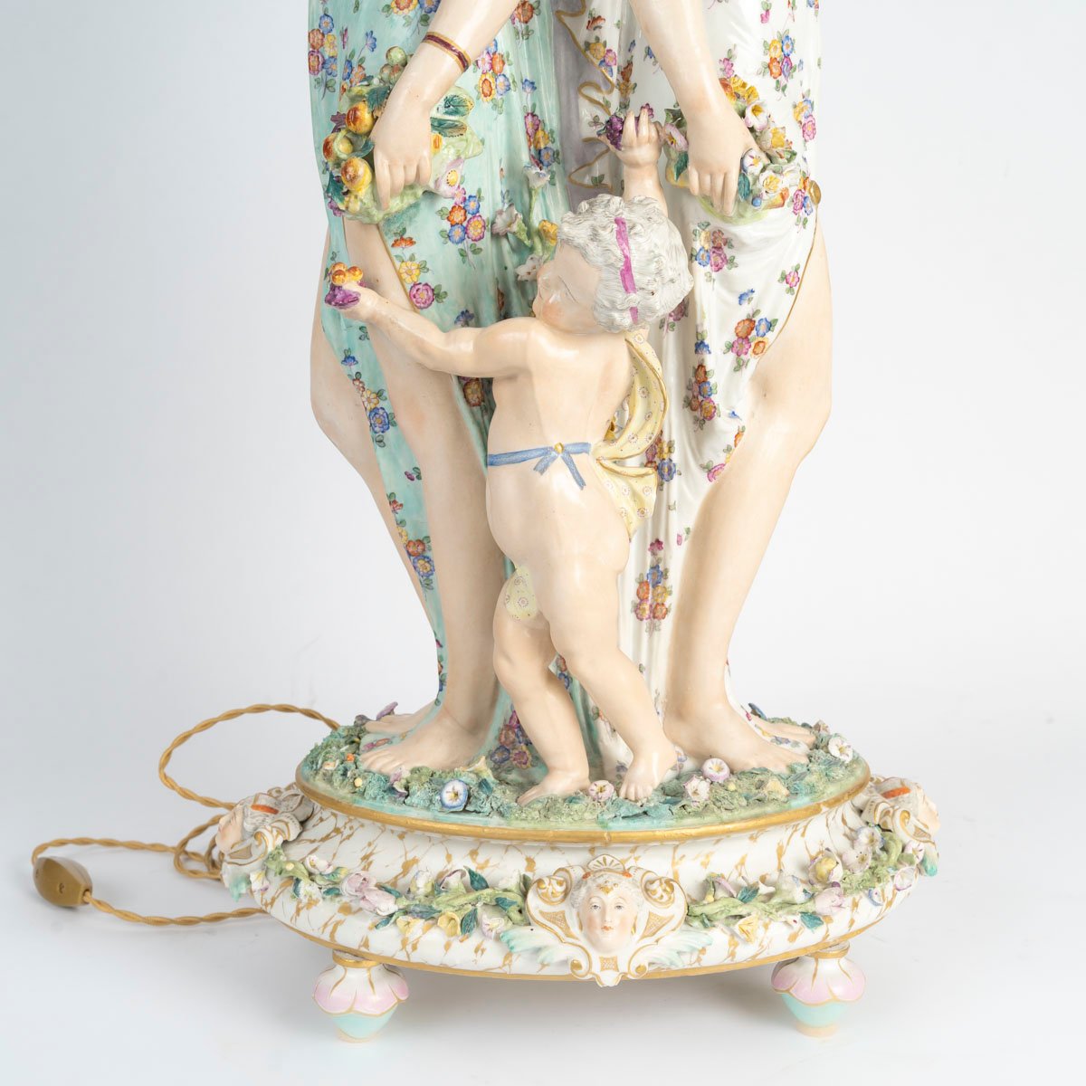 Saxon Porcelain Lamp Decorated With Two Young Women And Two Putti, Late 19th Century-photo-2