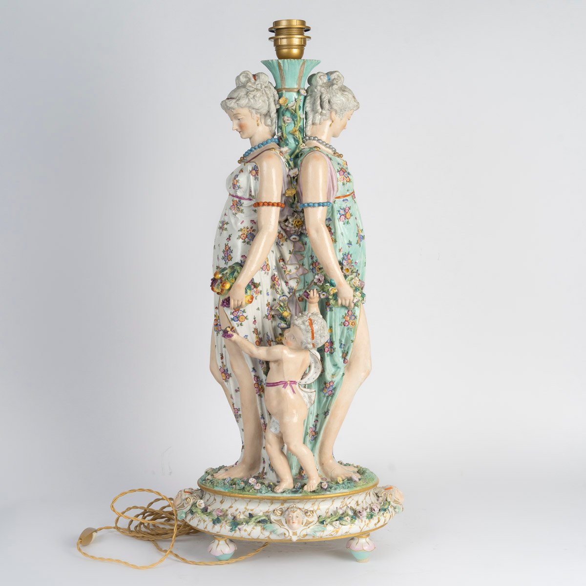 Saxon Porcelain Lamp Decorated With Two Young Women And Two Putti, Late 19th Century