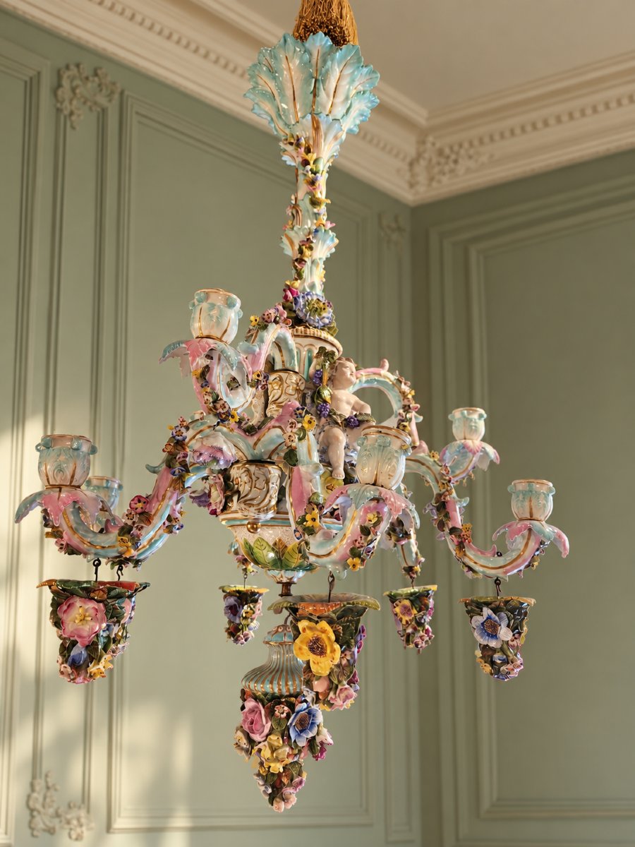 Meissen Polychrome Porcelain Chandelier – 19th Century-photo-2