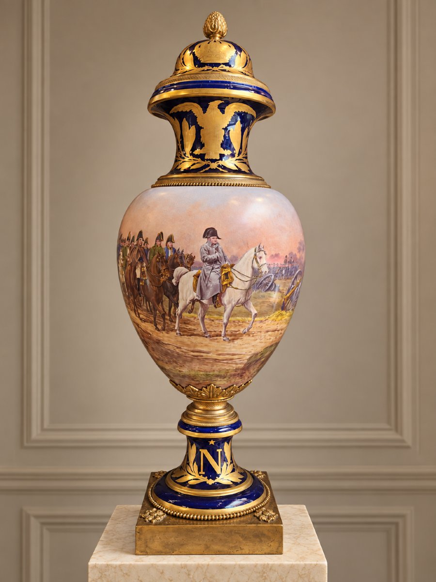 Monumental Rotating Napoleon Vase In Faience And Gilt Bronze – 19th Century