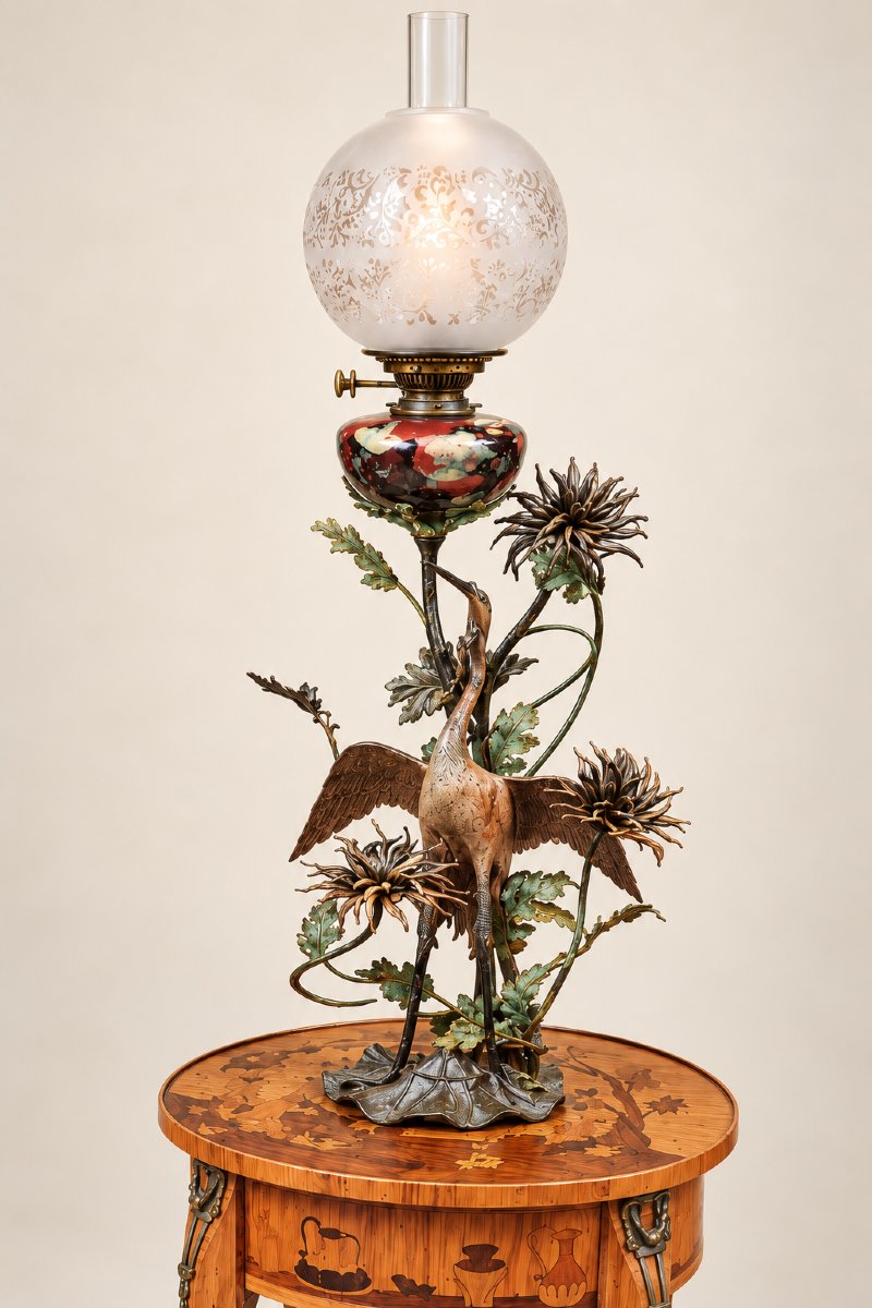 Japanese-inspired Art Nouveau Set – Kerosene Lamp With Heron Motif And Inlaid Side Table, Circa 1900-photo-4