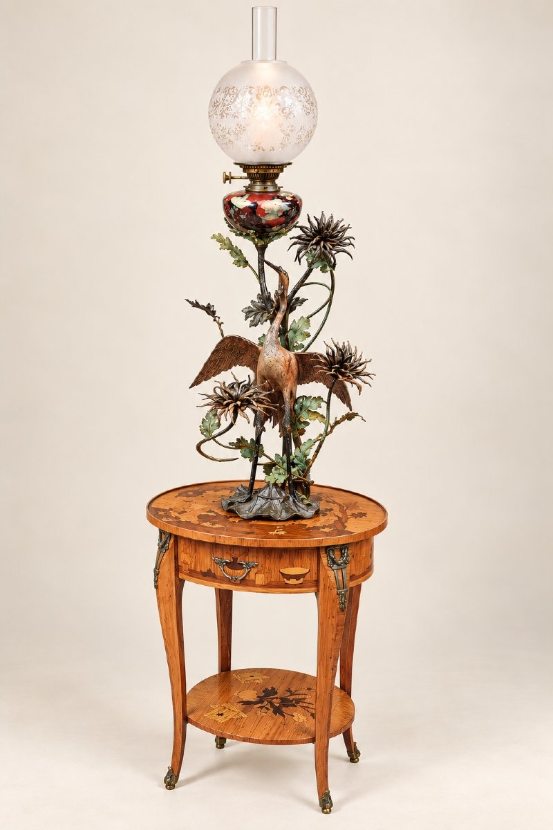 Japanese-inspired Art Nouveau Set – Kerosene Lamp With Heron Motif And Inlaid Side Table, Circa 1900