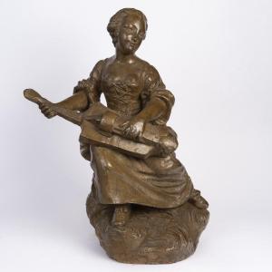 Terracotta, Young Woman With A Mandolin, 19th Century, Louis XV Style.