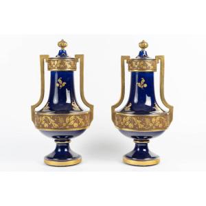 Pair Of Lidded Vases Made Of Cobalt-blue Porcelain – Manufacture Jaget & Pinon, Decorated By Paul Mathi