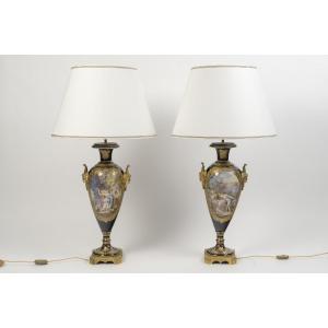 Pair Of Cobalt-blue And Gilded Bronze Porcelain Lamps, With Hand-painted Designs – Late 19th Century