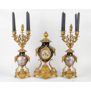 Napoleon III-style Fireplace Mantelpiece In Gilded Bronze And Sèvres Blue Porcelain – Late 19th Century 