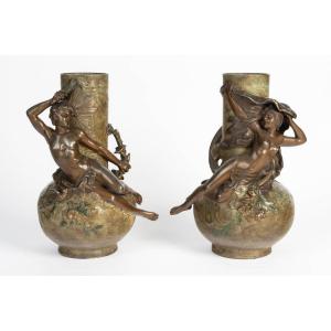 Pair Of Art Nouveau Vases In Polychrome Regule—signed L. Moreau, Early 20th Century