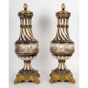 Pair Of Large Twisted Vases Made Of Painted And Gilded Porcelain, 19th Century