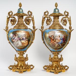 Lidded Vases, A Pair Of Sèvres Porcelain And Gilded Bronze Vases – 19th Century