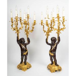 Candelabra, A Pair Of Large Napoleon III Candelabra In Patinated Bronze And Gilded Bronze—19th Century