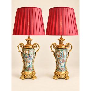 Pair Of Canton Porcelain And Gilded Bronze Lamps – 19th Century