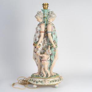 Saxon Porcelain Lamp Decorated With Two Young Women And Two Putti, Late 19th Century