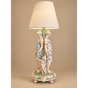 Saxon Porcelain Lamp Decorated With Two Young Women And Two Putti, Late 19th Century