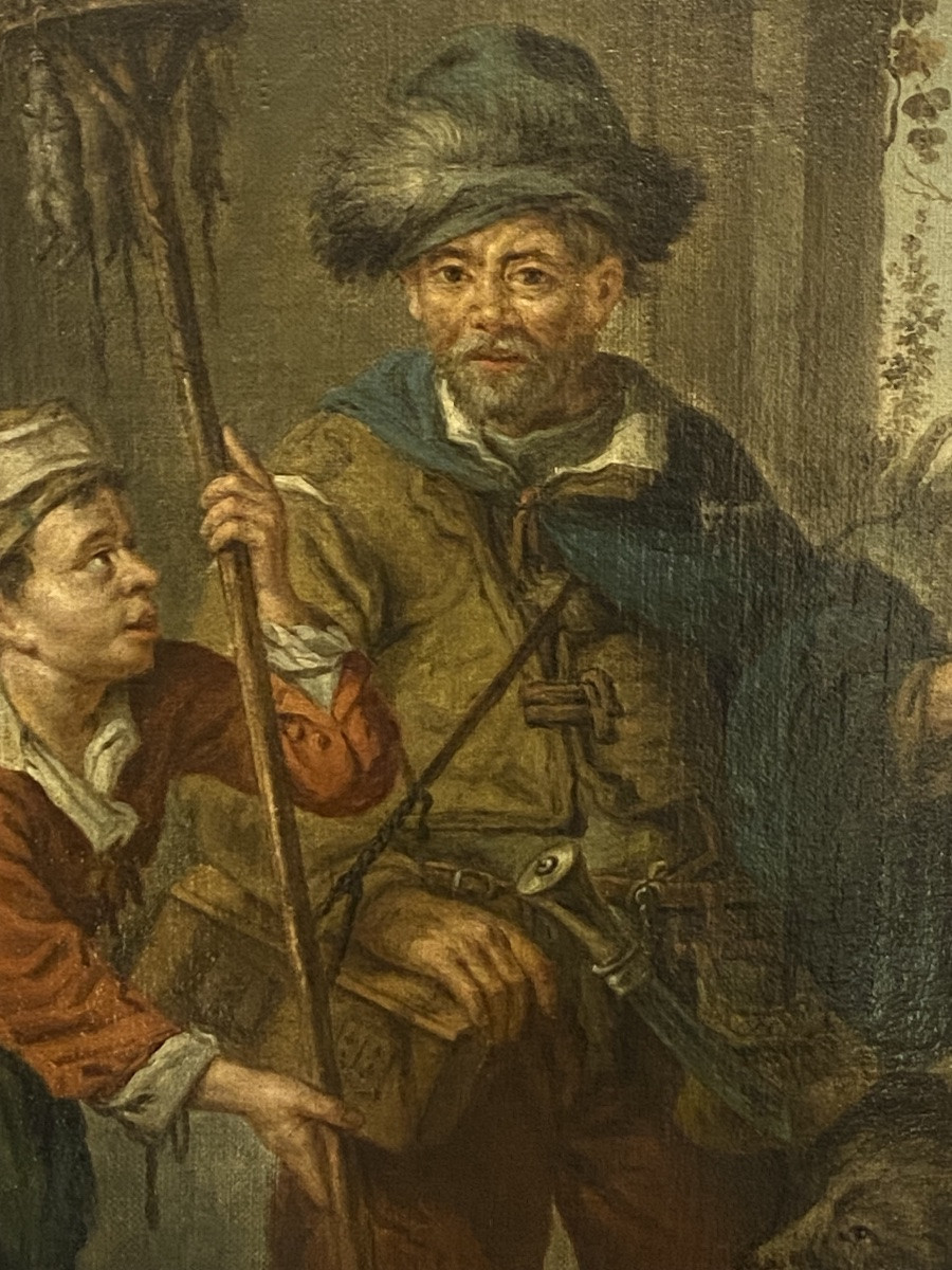 Tableau ancien huile sur toile chasseur de rats -photo-2