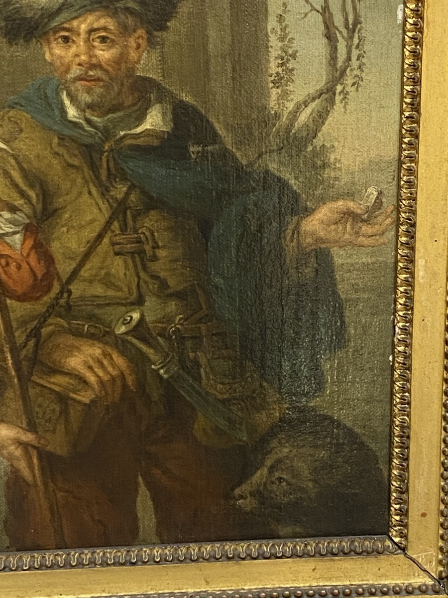 Tableau ancien huile sur toile chasseur de rats -photo-4