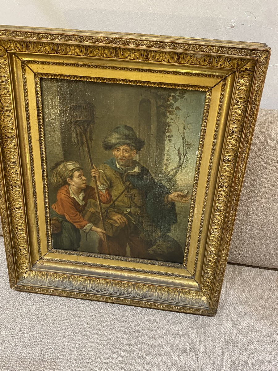 Tableau ancien huile sur toile chasseur de rats -photo-2