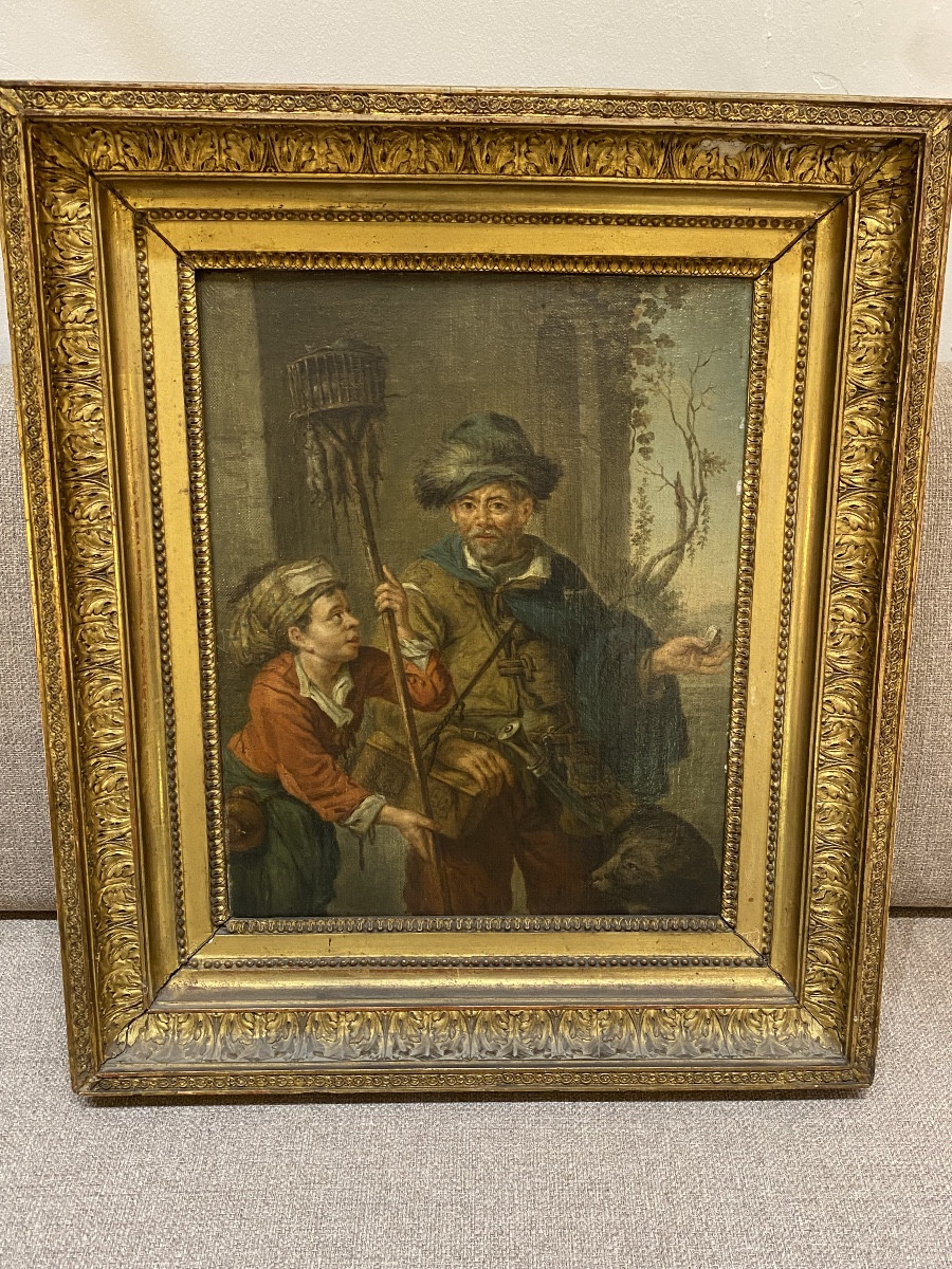 Tableau ancien huile sur toile chasseur de rats 