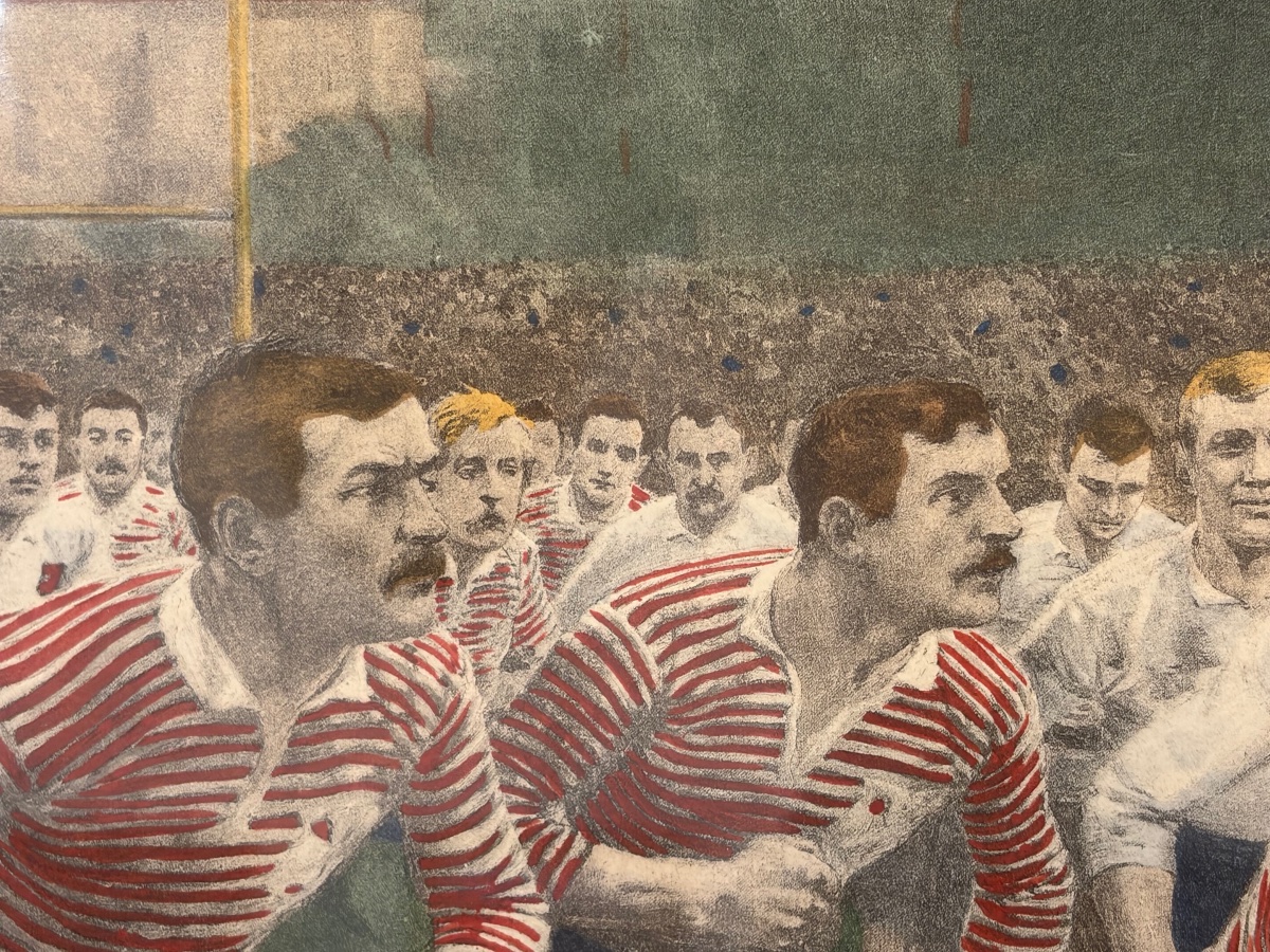 Gravure ancienne “Rugby” - Scène sportive Belle Époque, encadrement en placage de loupe-photo-2
