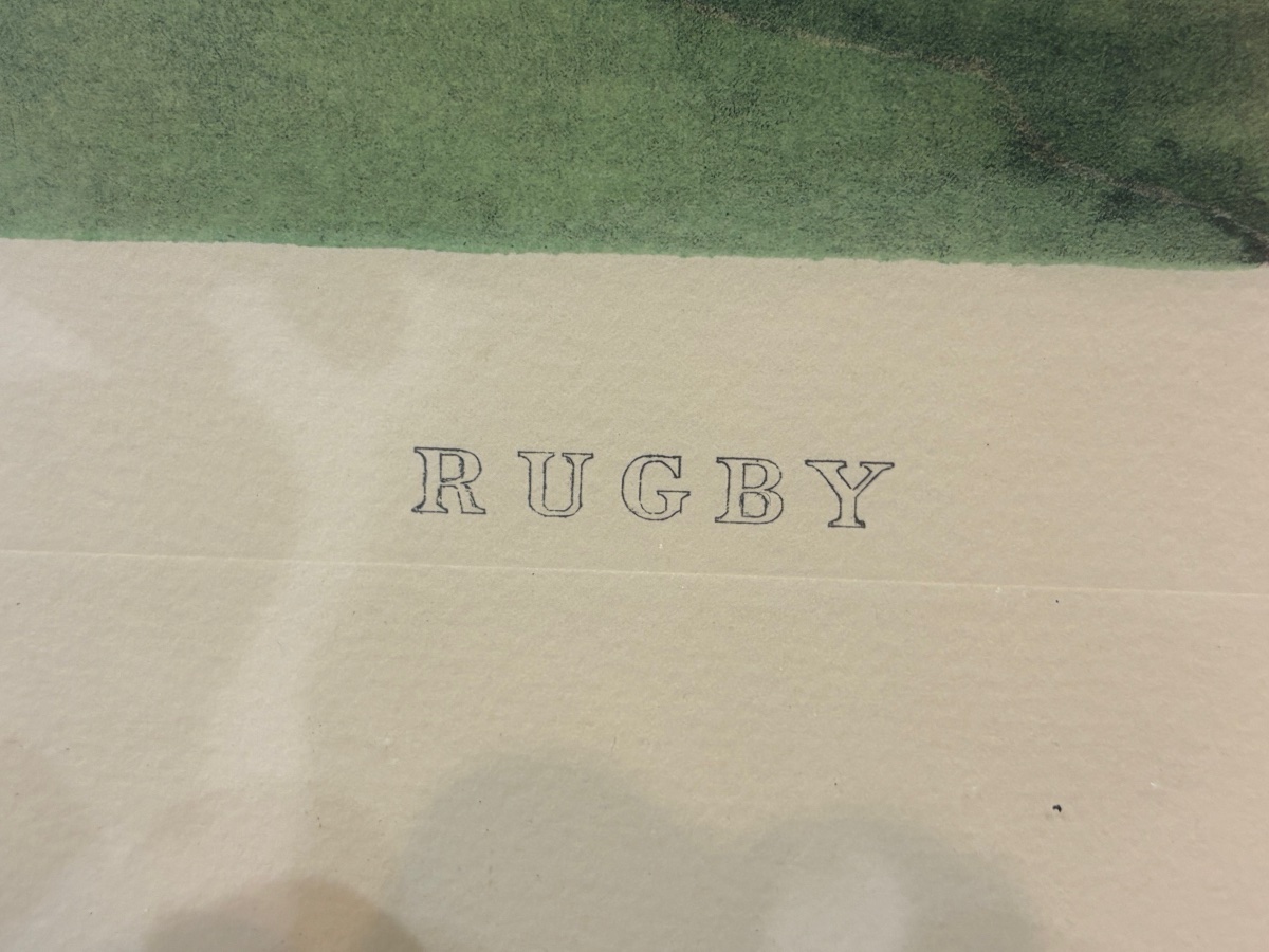 Gravure ancienne “Rugby” - Scène sportive Belle Époque, encadrement en placage de loupe-photo-1