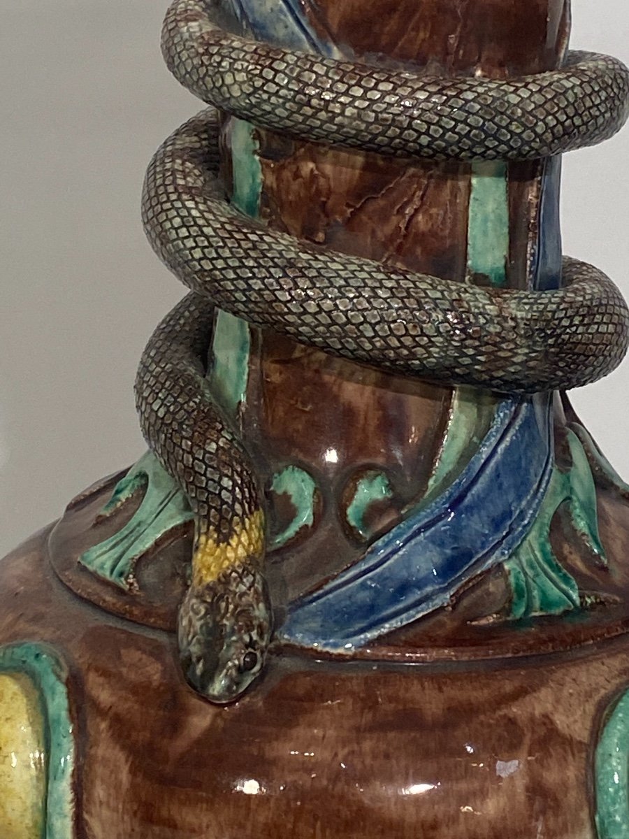 Baluster Vase In Polychrome Earthenware Snake Decor-photo-4