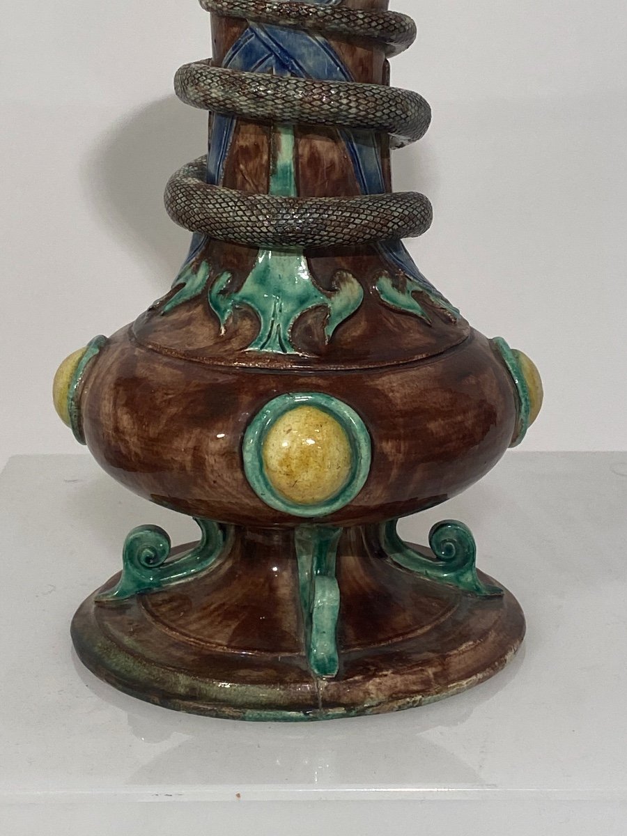 Baluster Vase In Polychrome Earthenware Snake Decor-photo-5