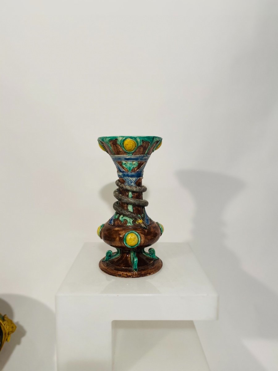 Baluster Vase In Polychrome Earthenware Snake Decor-photo-6