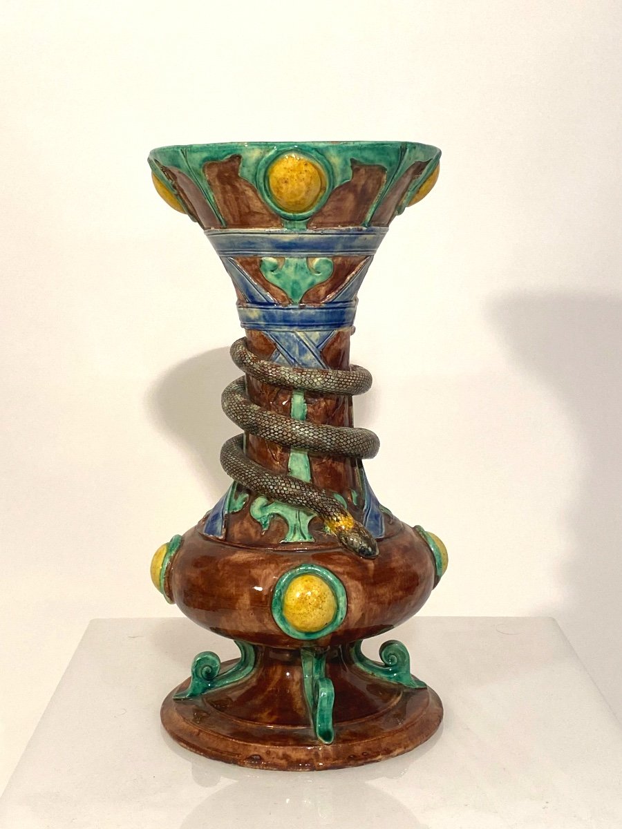 Baluster Vase In Polychrome Earthenware Snake Decor