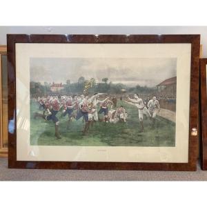 Gravure ancienne “Rugby” - Scène sportive Belle Époque, encadrement en placage de loupe