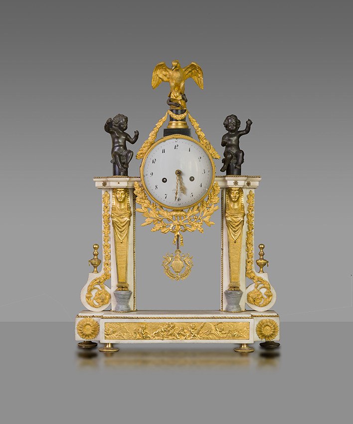 Pendule Portique Louis XVI En Marbre Et Bronze , Epoque XVIIIe Siecle