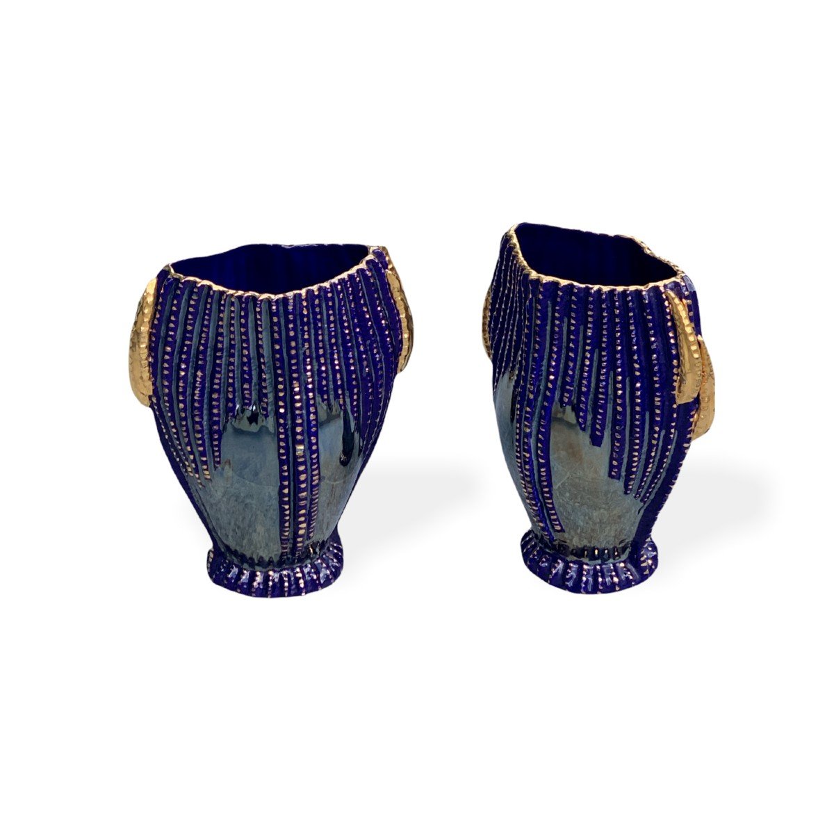 Pair Of Blue Porcelain Vases With Gilded And Luster  Decorations-photo-2