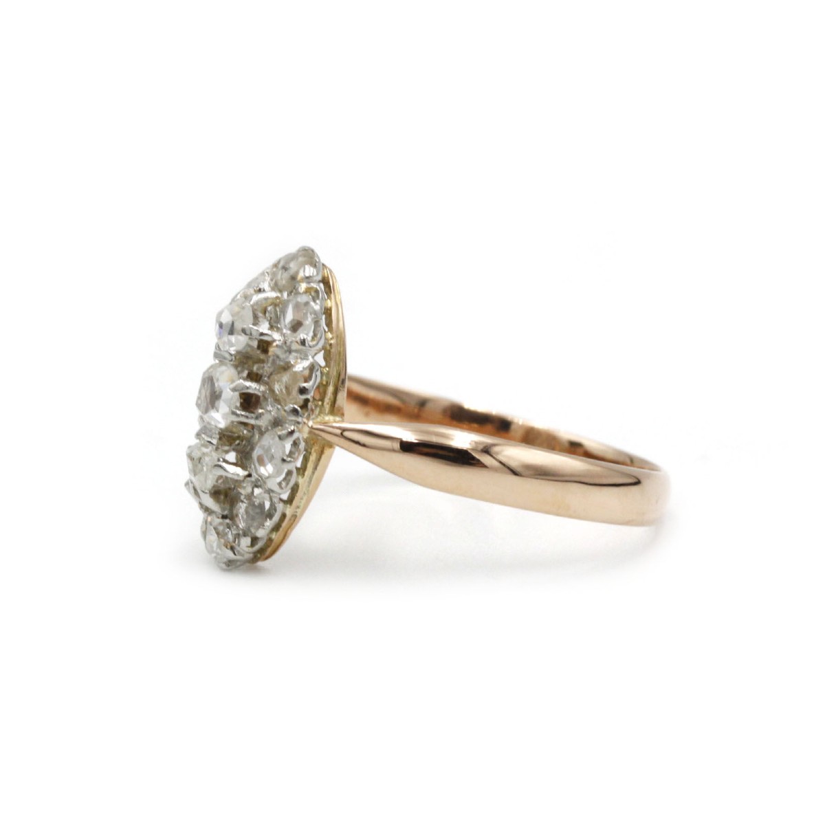 Bague marquise française antique en or rose 18 K et platine, sertie de diamants taille rose-photo-3