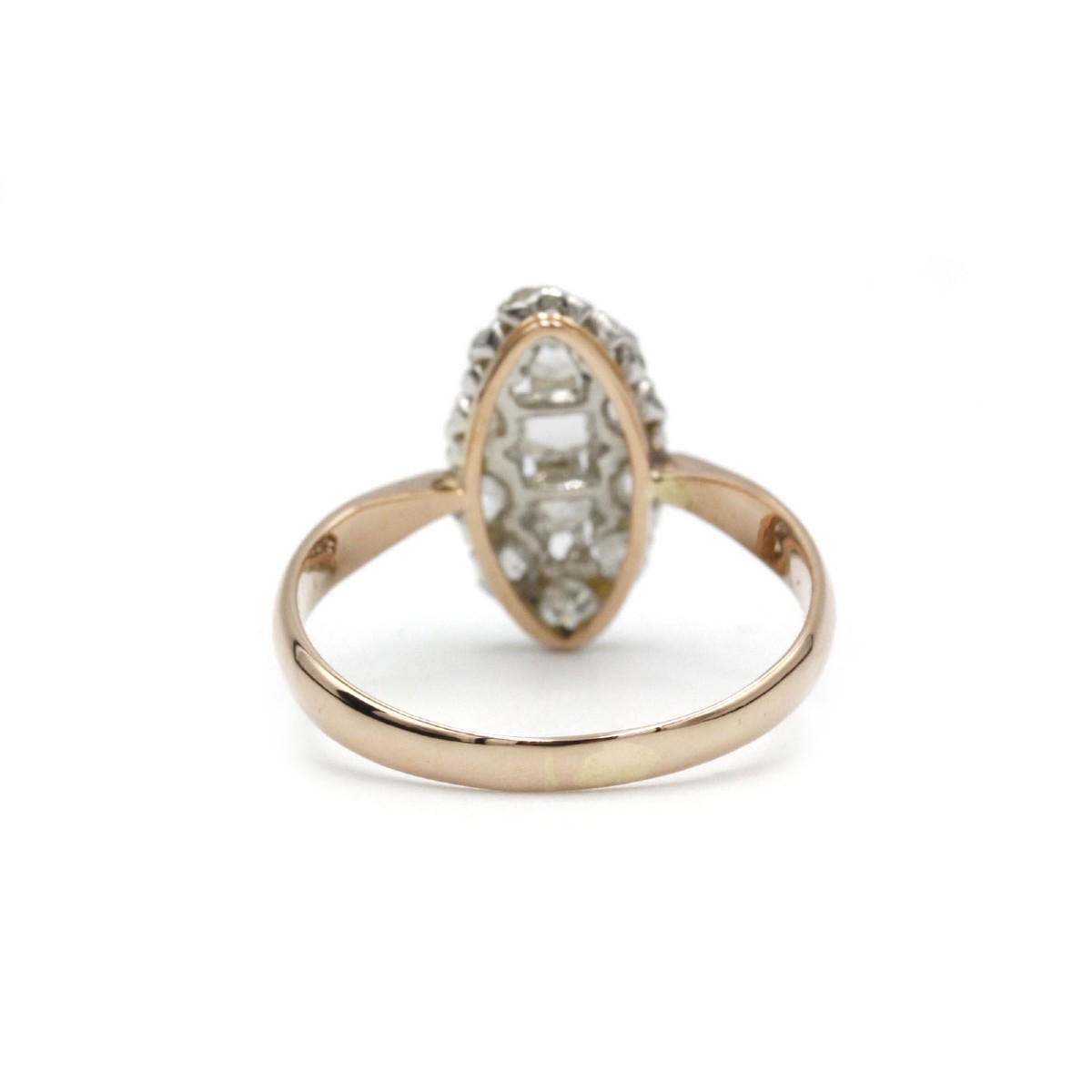 Bague marquise française antique en or rose 18 K et platine, sertie de diamants taille rose-photo-3