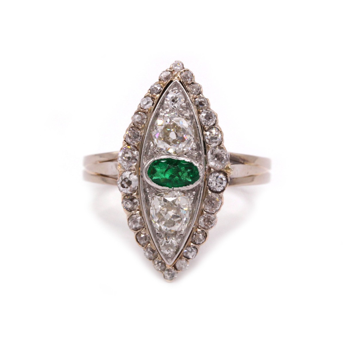 French Art Deco Marquise Ring (1910s–1920s) Set With An Emerald And Diamonds