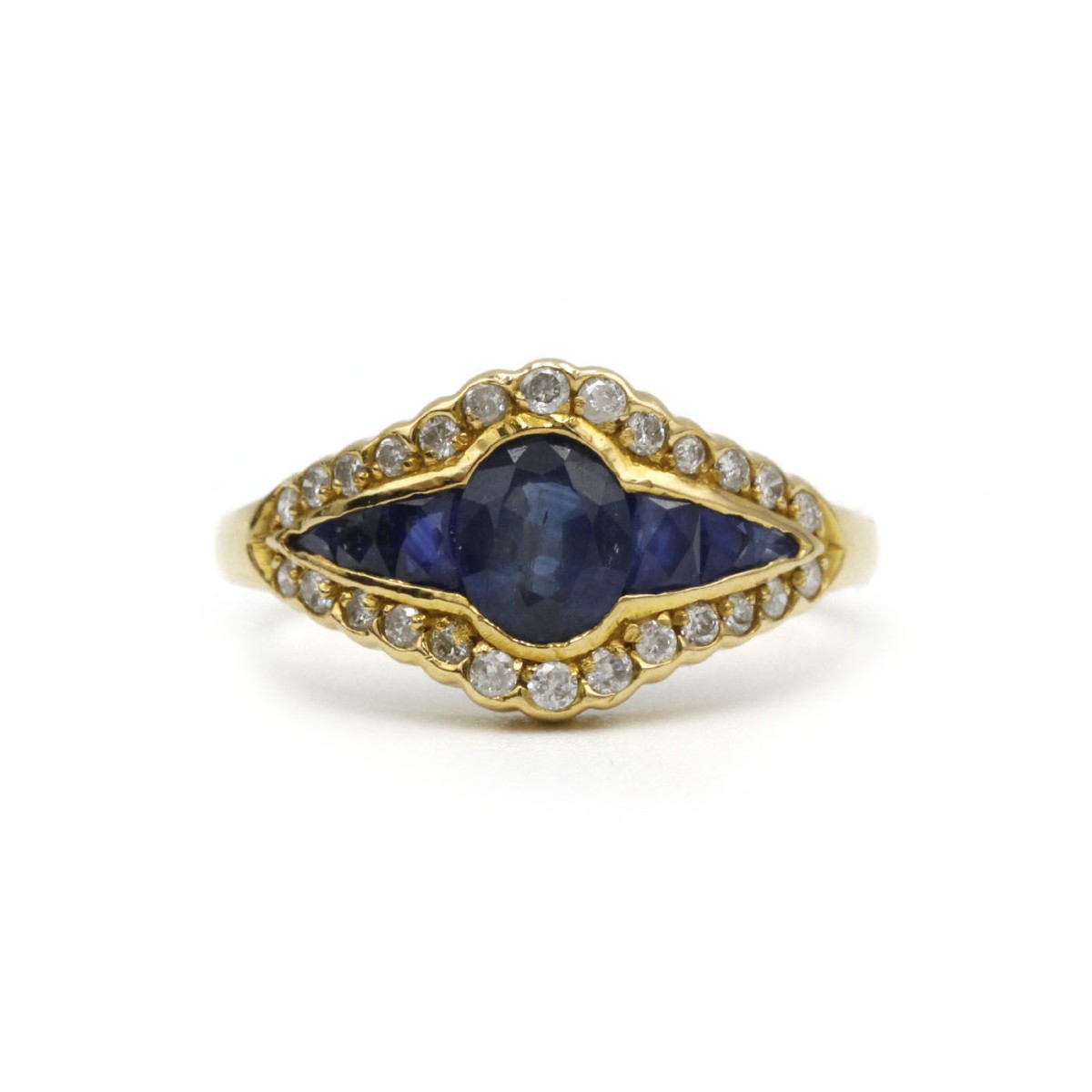 18k Yellow Gold Art Deco Cocktail Ring Set With Sapphire And Diamonds