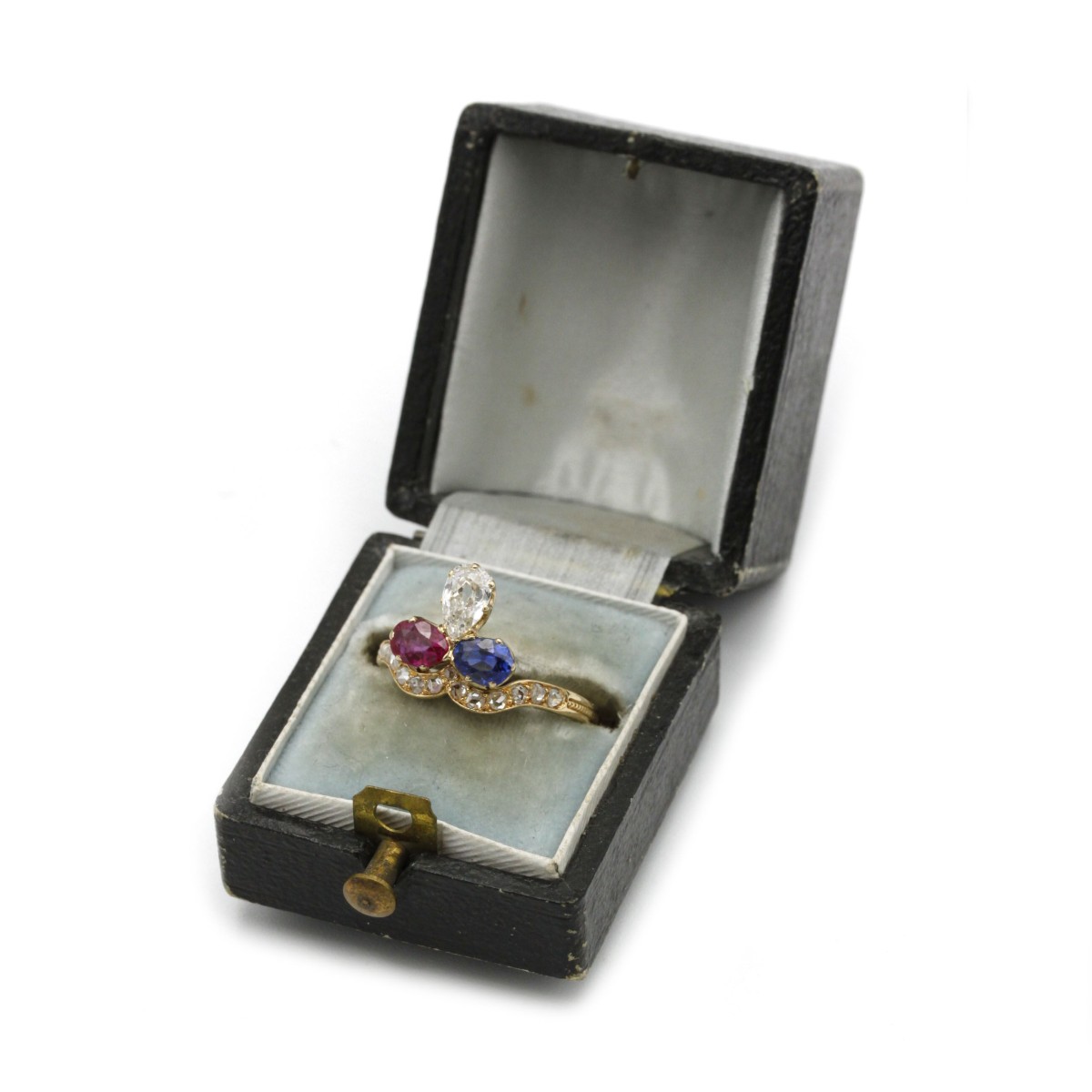 19th Century Duchess Ring In 18k Yellow Gold, Burmese Ruby, Ceylon Sapphire And Pear-shaped Diamond -photo-5