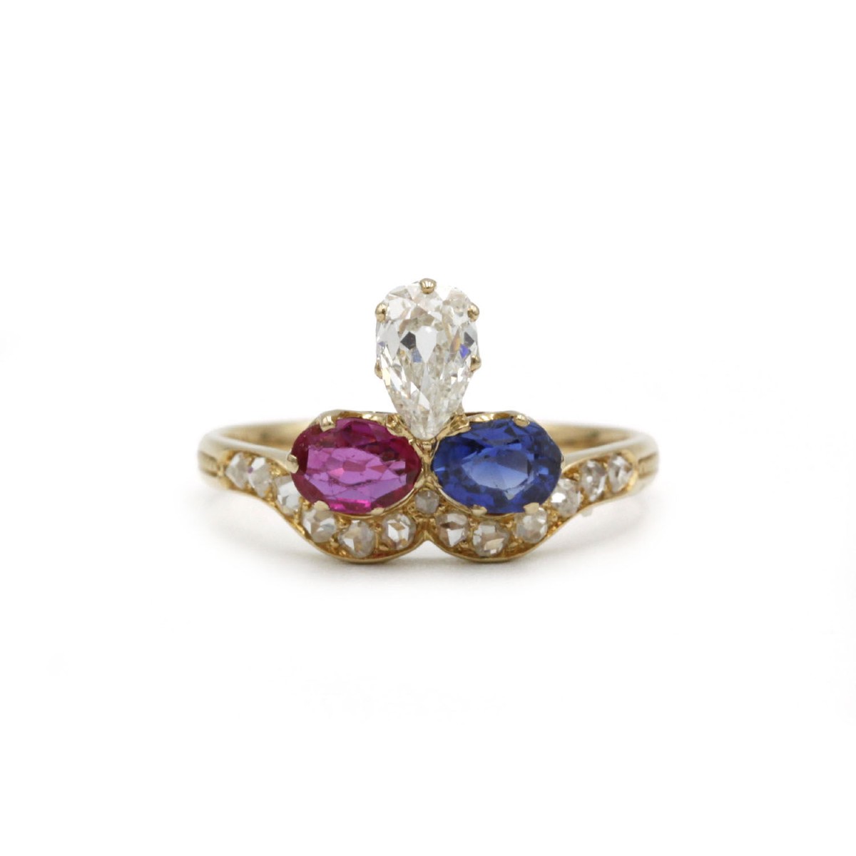 19th Century Duchess Ring In 18k Yellow Gold, Burmese Ruby, Ceylon Sapphire And Pear-shaped Diamond 