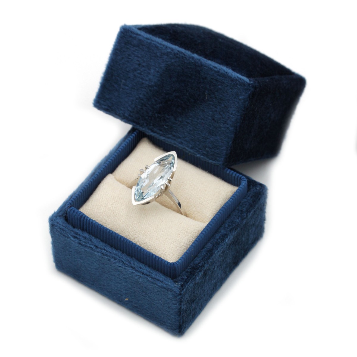 Bague solitaire marquise en aigue-marine des années 1950 en or blanc 18 K-photo-2