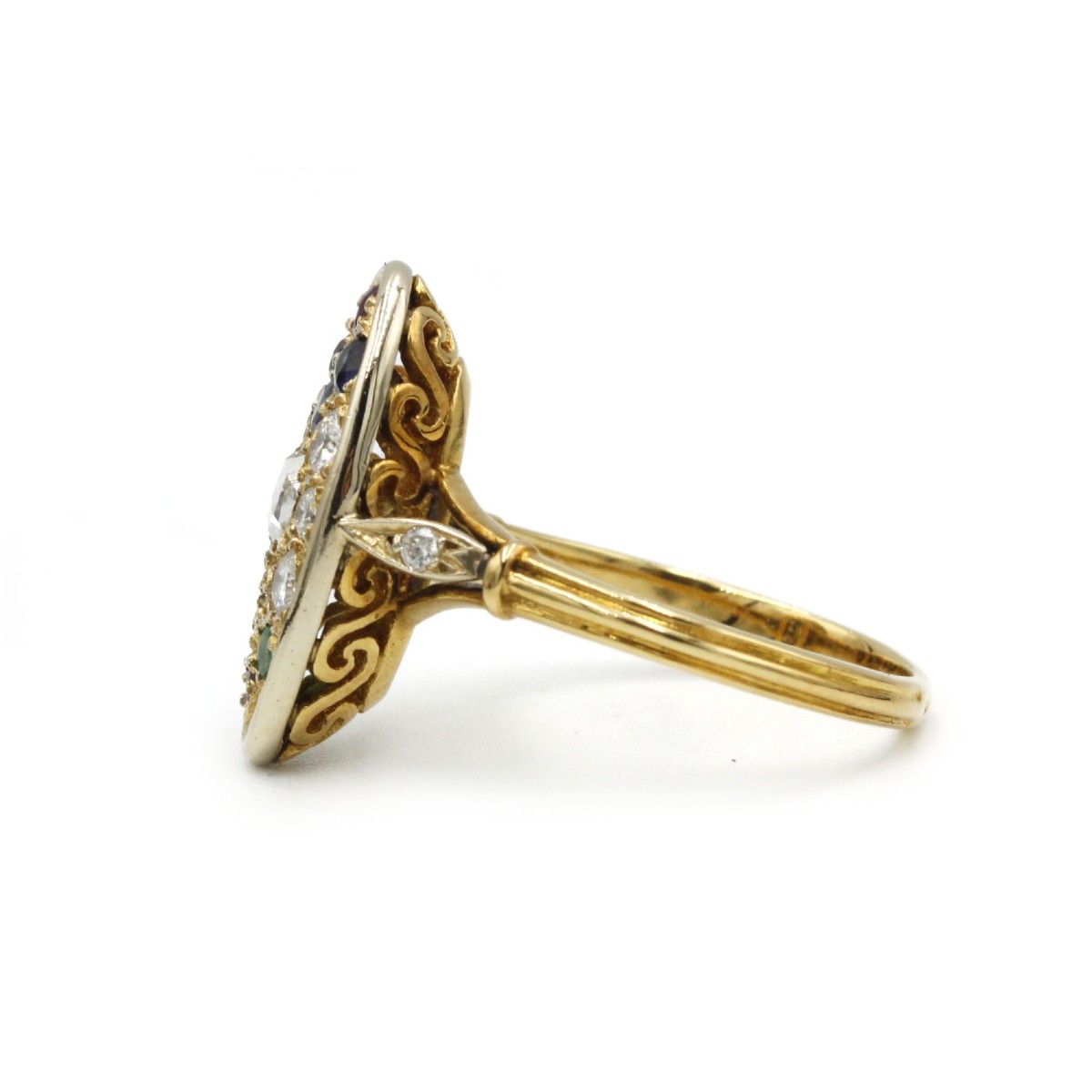 Bague navette victorienne en or jaune 18 K sertie de diamants, saphirs, émeraudes et rubis-photo-3