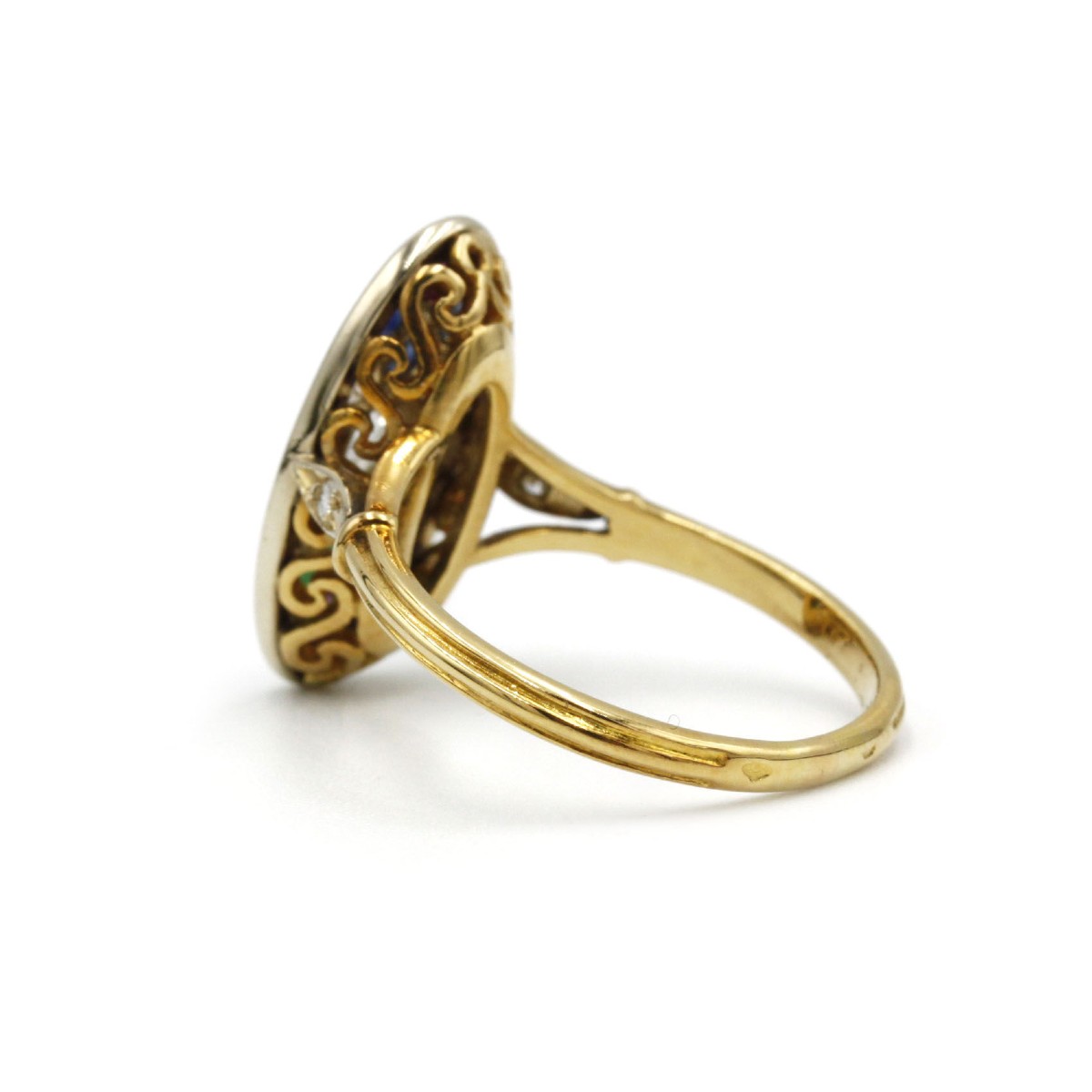 Bague navette victorienne en or jaune 18 K sertie de diamants, saphirs, émeraudes et rubis-photo-4