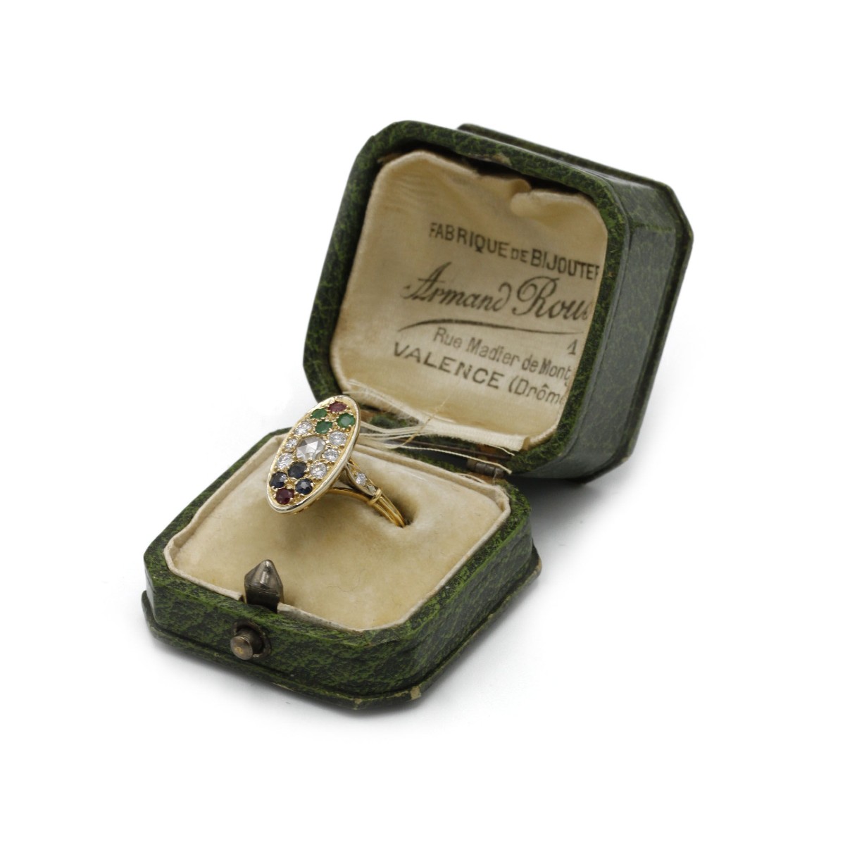 Bague navette victorienne en or jaune 18 K sertie de diamants, saphirs, émeraudes et rubis-photo-1